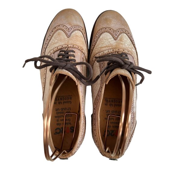 Bed Stu oxfords Lita 7 beige crackled distressed leather wing tip lace up flat - Picture 5 of 11